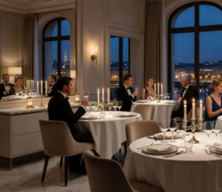 Salle de restaurant gastronomique baignée de lumière, avec tables dressées de manière élégante