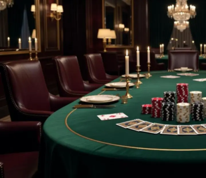 Table de poker élégante avec jetons symboliques et verres, dans un salon feutré